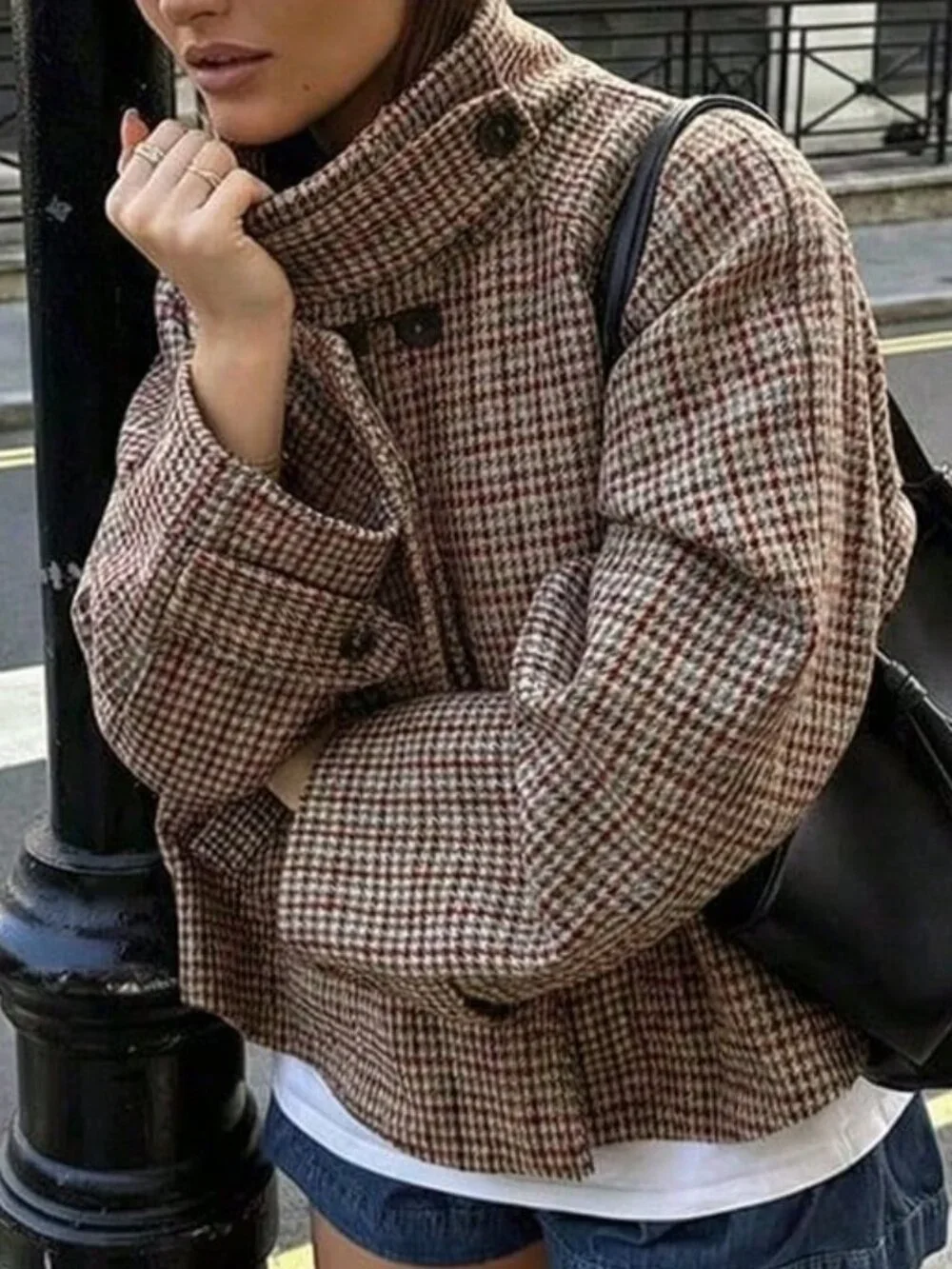 Reddish Casual Women's French Houndstooth Stand Collar Short Pocket Jacket